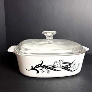 Vintage CORNING WARE SQUARE CASSEROLE DISH A-2-B  LYRIC BLACK TULIP Pyrex Lid
